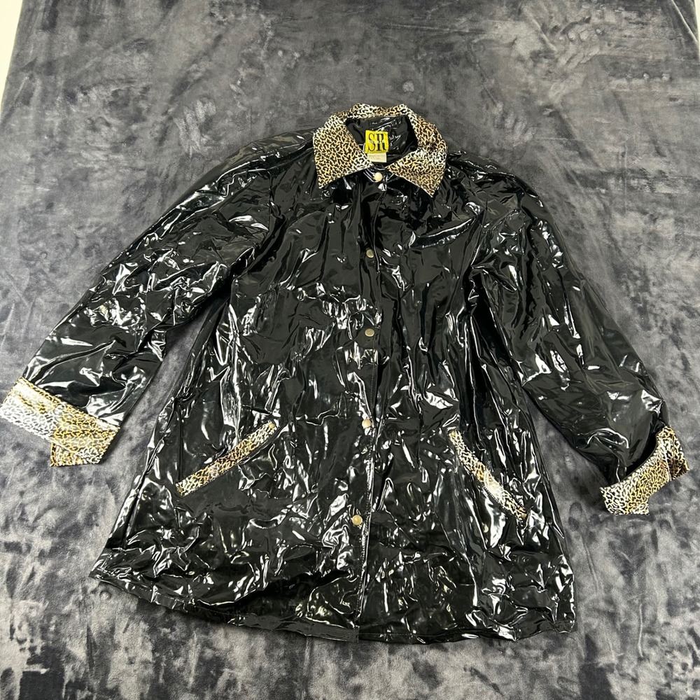 ShedRain Raincoat Womens S/M Black Vinyl Leopard Print Trim Glossy Jacket 3900